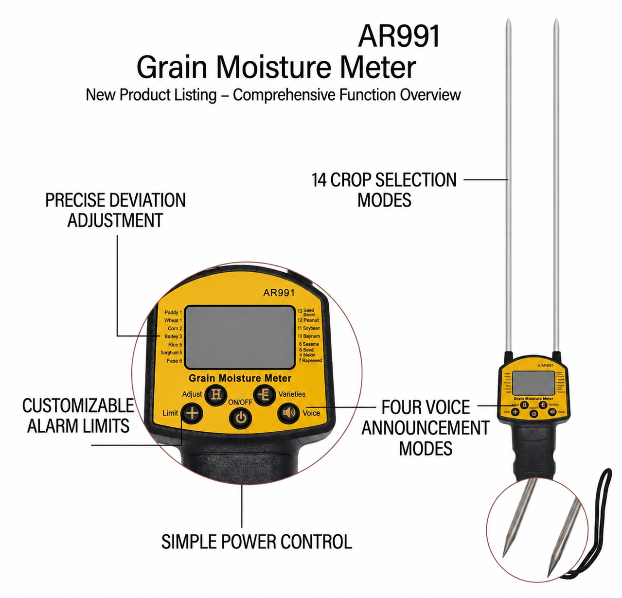 TechnoQuery - AR991 Digital Grain Moisture Meter, LCD Backlight Display, Voice Reminder, Data Storage, Alarm Setting - Image 4